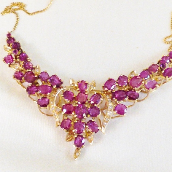VTG Custom Made 14k yellow gold 16.55 TCW Ruby & Diamond Floral design Necklace - Picture 11 of 11